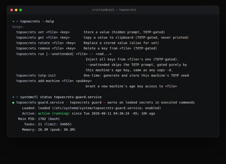 top-secrets - CLI help output and guard service status in a terminal